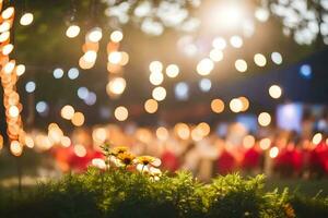 un borroso imagen de un flor jardín con luces. generado por ai foto