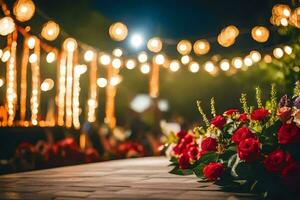 a table with flowers and lights in the background. AI-Generated photo
