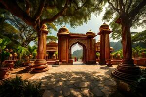 an entrance to an indian temple with trees and pillars. AI-Generated photo