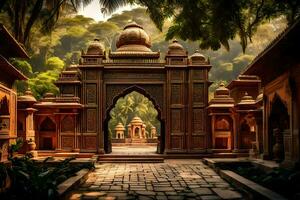 the entrance to a temple in the middle of a forest. AI-Generated photo