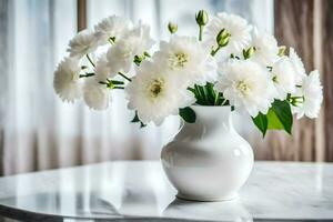 blanco flores en un florero en un mesa. generado por ai foto