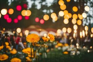 yellow flowers in the foreground with bokeh lights. AI-Generated photo