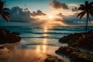 the sun rises over the ocean and the sky is filled with clouds. AI-Generated photo
