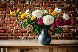 a vase of flowers on a table in front of a brick wall. AI-Generated photo