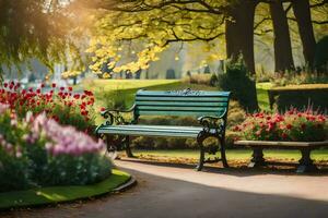 un parque banco en un jardín con flores generado por ai foto