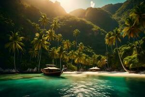 a boat sits on the beach in front of palm trees. AI-Generated photo