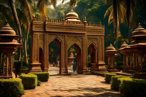 an ornate gate in the middle of a tropical garden. AI-Generated photo