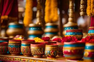 colorful pots and bowls on display at a wedding. AI-Generated photo
