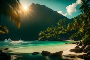 a tropical beach with palm trees and rocks. AI-Generated photo