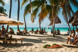 personas sentado a mesas en el playa con tejado de paja paraguas generado por ai foto