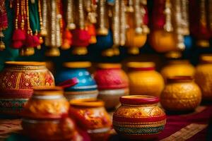 colorful pots and jars on display in a shop. AI-Generated photo
