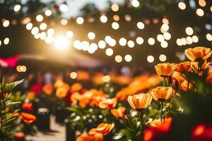 orange flowers in a field with lights in the background. AI-Generated photo