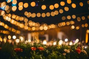 a field of flowers and lights at night. AI-Generated photo