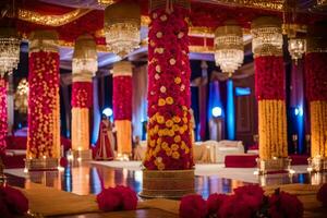 indian wedding decor with red and gold flowers. AI-Generated photo