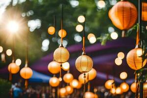 many paper lanterns hanging from trees. AI-Generated photo