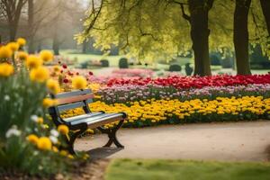 a bench is in front of a flower garden. AI-Generated photo