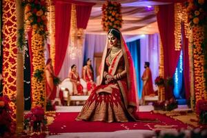 un hermosa novia en rojo y oro a su boda. generado por ai foto