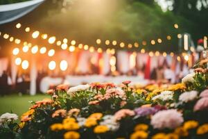 a wedding reception with flowers and lights. AI-Generated photo