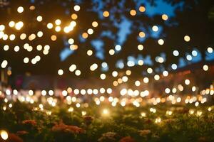 muchos luces son brillante en un campo de flores generado por ai foto