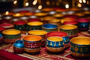 colorful bowls on a table with lights. AI-Generated photo