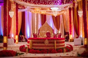 an indian wedding ceremony with red and gold decorations. AI-Generated photo