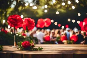 red roses on a table with people in the background. AI-Generated photo