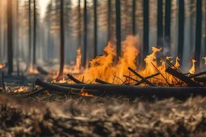 un bosque fuego en el medio de un campo. generado por ai foto