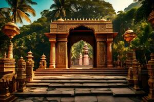 an ancient temple in the jungle with steps leading to it. AI-Generated photo