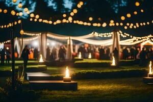 a wedding reception at night with string lights. AI-Generated photo