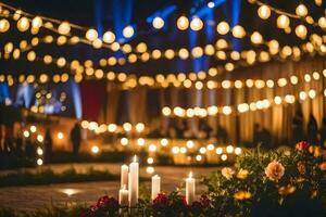 candles and flowers are lit up in a garden. AI-Generated photo