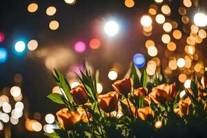 orange tulips in front of a lighted background. AI-Generated photo