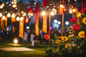 a colorful outdoor wedding with flowers and lights. AI-Generated photo