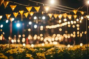 yellow lights and bunting lights in a field. AI-Generated photo