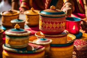 a woman is holding a pot with colorful paint on it. AI-Generated photo