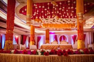 a wedding stage decorated with red and gold decorations. AI-Generated photo