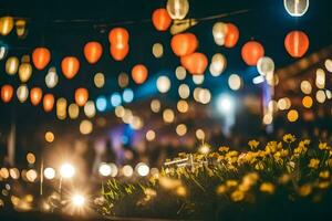 many colorful paper lanterns are hanging in the air. AI-Generated photo