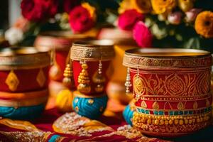 indian wedding decor with colorful pots and bowls. AI-Generated photo