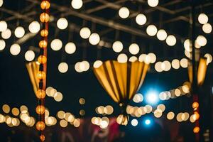 a group of lights and a tent at night. AI-Generated photo