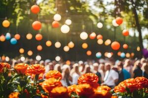 orange flowers in the middle of a field with balloons. AI-Generated photo