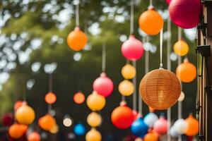 colorful paper lanterns hanging from a tree. AI-Generated photo