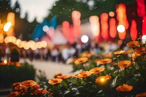 orange flowers in the foreground with blurred lights. AI-Generated photo