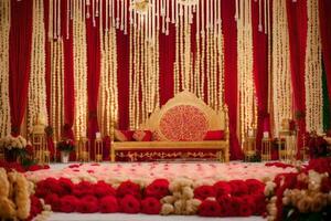 a wedding stage decorated with red and gold flowers. AI-Generated photo