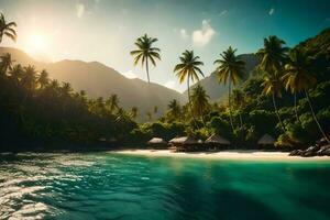 a tropical island with palm trees and water. AI-Generated photo