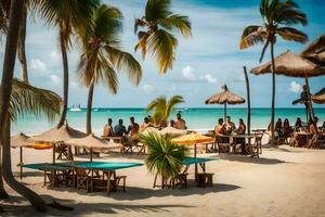 personas sentado a mesas en el playa con palma arboles generado por ai foto