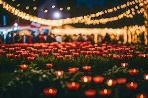 un campo de rojo tulipanes a noche con luces. generado por ai foto