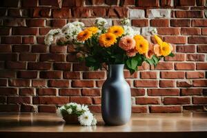 a vase with flowers on a table in front of a brick wall. AI-Generated photo