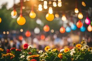 muchos vistoso globos son colgando desde el arboles generado por ai foto