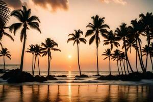 palm trees on the beach at sunset. AI-Generated photo