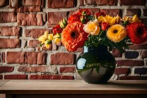 a vase of flowers on a table in front of a brick wall. AI-Generated photo