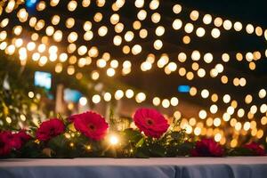 a table with flowers and candles in front of lights. AI-Generated photo